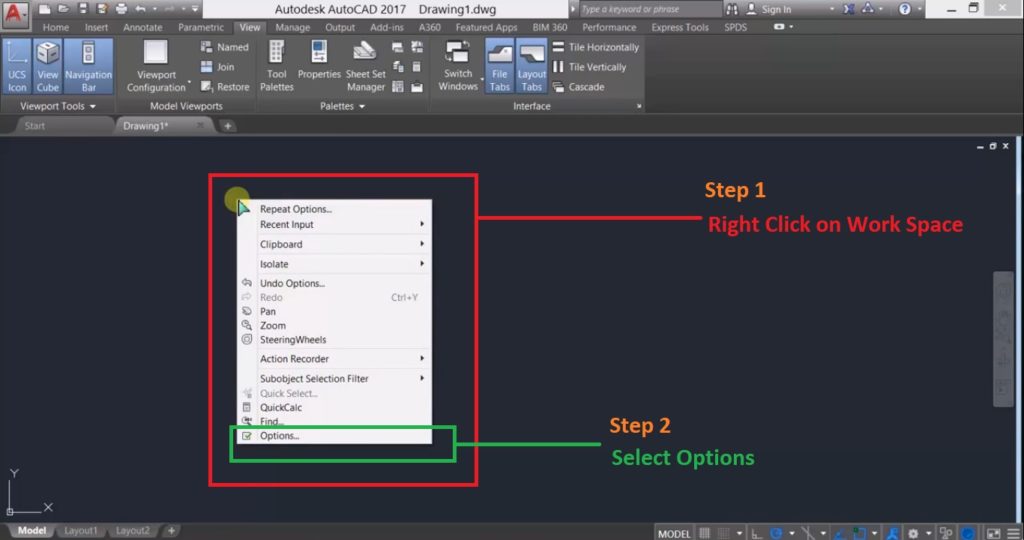 Missing Viewcube In AutoCAD-Right Click in Work Space